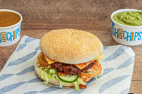 Juicy burgers with two kind of sauce served at Fish Plus Chips Takeaway in Ayr 